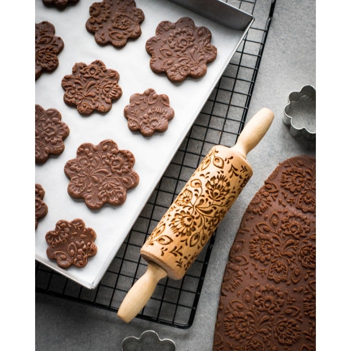 Mattarello Decorativo Folk Floreale in legno di faggio biscotti